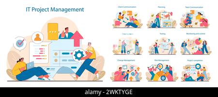 Ensemble de gestion de projet INFORMATIQUE. Étapes de la planification à l'exécution affichées. Efficacité du flux de travail, collaboration en équipe et interaction avec le client dans les phases de projet. Illustration vectorielle plate. Illustration de Vecteur
