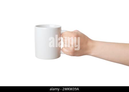 Mug blanc vierge, tenu par une main isolée, offre des possibilités infinies pour la promotion du design Print-on-Demand. Toile polyvalente et personnalisable Banque D'Images