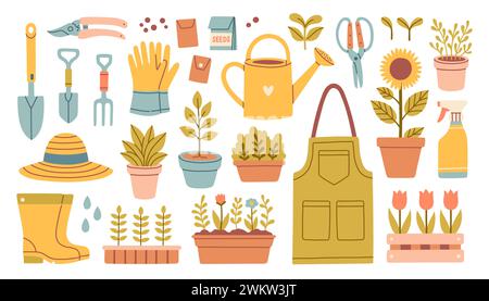 Outils de jardinage et vecteur de fleurs dans le style de dessin animé plat. Bottes en caoutchouc, semis, tulipes, coupe-jardinage, gants Illustration de Vecteur