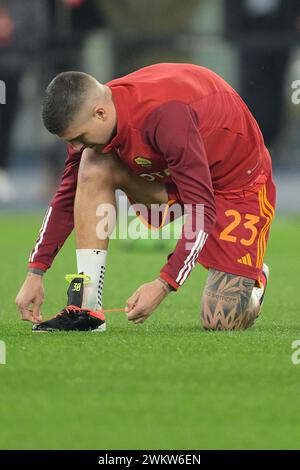 Roma, Italie. 22 février 2024. Foto Alfredo Falcone/LaPresse 22 Febbraio 2023 - Roma, Italia - sport, calcio - Roma vs Feyenoord - UEFA Europa League 2023-2024 - Stadio Olimpico di Roma. Nella foto : Gianluca Mancini (23 AS Roma) Foto Alfredo Falcone/LaPresse 22 février 2023 Rome, Italie - sport, football - Roma vs Feyenoord - UEFA Europe League 2023-2024 - Olimpic Stadium în Rome. Sur la photo : Gianluca Mancini (23 AS Roma) crédit : LaPresse/Alamy Live News Banque D'Images