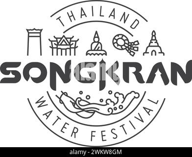 Songkran thailand festival de l'eau logotype et lettrage design avec icône linéaire de symbolique thaïlandaise dans l'ornement rond pour badge, décoration, logo, etc Illustration de Vecteur