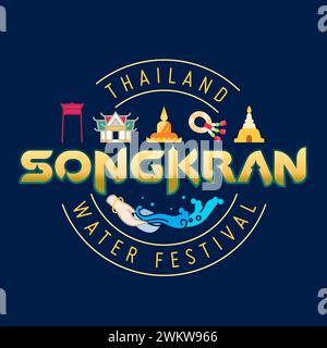 Songkran festival thaïlande éclaboussure d'eau logotype et lettrage design avec icône de style plat symbolique thaïlandais Illustration de Vecteur