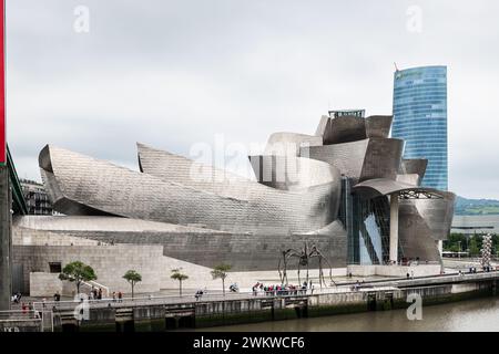 BILBAO, ESPAGNE - 14 JUIN 2023 : vue panoramique du Musée Guggenheim et de la Tour Iberdrola sur les rives du fleuve Nervion à Bilbao, Espagne. Banque D'Images