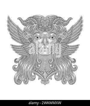 Fille avec corne et ailes, illustration de style de dessin de gravure vintage Illustration de Vecteur