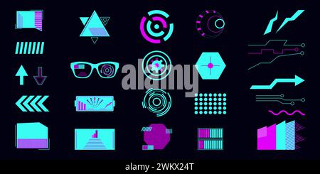 Modèle technique dans la forme géométrique de style cyberpunk. Définissez des formes géométriques et des graphiques. Conception de réseaux sociaux applications mobiles bannières affiche carte postale présentation et publicité. Illustration vectorielle Illustration de Vecteur