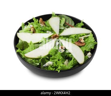 Délicieuse salade de poires dans un bol isolé sur blanc Banque D'Images