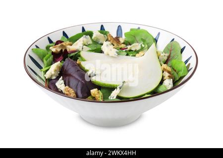Délicieuse salade de poires dans un bol isolé sur blanc Banque D'Images