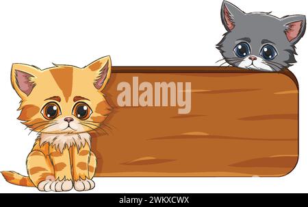Deux adorables chatons à côté d'un panneau en bois. Illustration de Vecteur