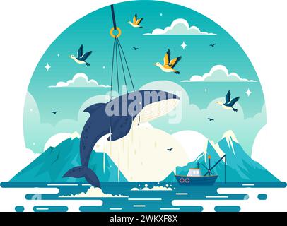 Chasse aux baleines illustration vectorielle avec l'activité de capture de baleines pour obtenir des produits que les humains peuvent utiliser illégalement dans un fond de dessin animé plat Illustration de Vecteur