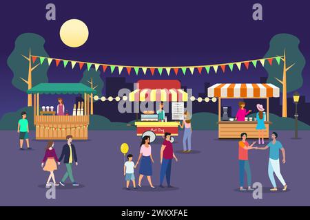 Marché nocturne, fête d'été, illustration de foire alimentaire de rue. Marché de nuit avec foule de gens. Illustration de Vecteur