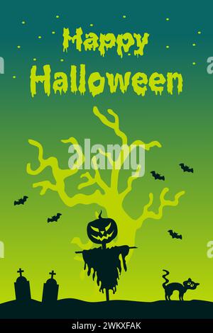 Fond vertical d'Halloween avec citrouille d'épouvantail et titre Happy Halloween. Flyer ou modèle d'invitation pour la fête d'Halloween. Illustration vectorielle. Illustration de Vecteur
