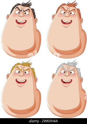 Quatre visages de dessins animés montrant différentes expressions. Illustration de Vecteur