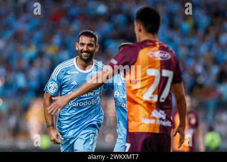 LIMA, PÉROU - 15 FÉVRIER : Martín Cauteruccio de Sporting cristal célèbre son but lors du match de Liga 1 Profesional Peru entre Sporting cristal et Banque D'Images