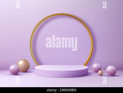Podium violet rond 3D avec une bague en or et des boules sur un fond violet, style luxe. Illustration vectorielle Illustration de Vecteur