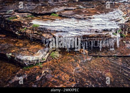 L'eau glacée coule sur le bord de la roche, gelée en mouvement Banque D'Images