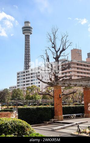 Vue de la tour marine de Yokohama depuis le parc Yamashita à Yokohama, Kanagawa, Japon. Banque D'Images