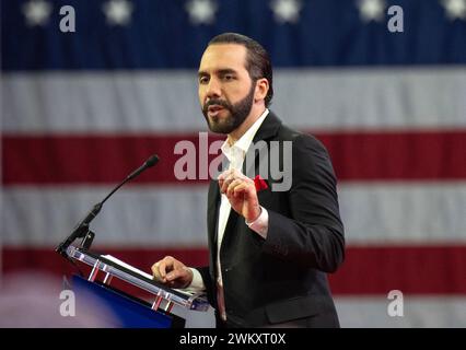Oxon Hill, États-Unis. 22 février 2024. Le président Nayib Bukele, du Salvador, prononce une allocution lors de la Conférence d'action politique conservatrice (CPAC) 2024 à National Harbor, MD, États-Unis, le jeudi 22 février 2024. Photo de Ron Sachs/CNP/ABACAPRESS.COM crédit : Abaca Press/Alamy Live News Banque D'Images