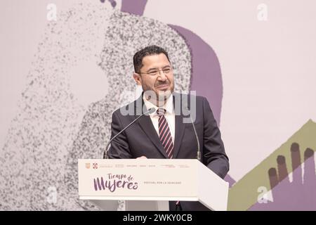 Tiempo de Mujeres, Festival pour l égalité Conférence de presse 22 février 2024, Mexico, Mexique : le chef du gouvernement, Marti Batres, prend la parole lors d une conférence de presse pour annoncer le concert Women s Time, Festival pour l égalité. Mexico City CDMX Mexique Copyright : xAlejandroxMedinaxGuzmanxxEyepixx Banque D'Images