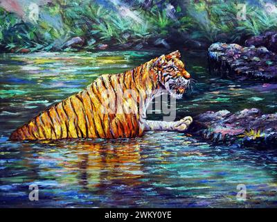 Peinture d'art à l'huile couleur panthera tigris tigre dans la forêt de ruisseau Banque D'Images