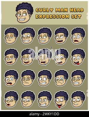 Personnage mascotte Cartoon of Curly Man Head expression Set. Avec la peau blanche et le style de cheveux. Illustrations vectorielles. Illustration de Vecteur