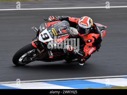 MELBOURNE, AUSTRALIE. 23 février 2024. Danilo Petrucci(9), Italien, pilote la Ducati Panigale V4R pour BARNI Spark Racing Team lors de la première manche du Championnat du monde de Superbike 2024 sur le circuit de Phillip Island. Crédit Karl Phillipson/Alamy Live News Banque D'Images