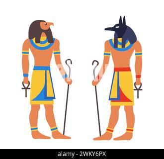 Anciens dieux d'Egypte. Horus, Anubis. Divinité égyptienne. Vieux style de peinture. Illustration vectorielle Illustration de Vecteur