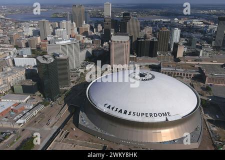 Une vue aérienne générale du Caesars Superdome, jeudi 22 février 2024, à la Nouvelle-Orléans. Banque D'Images