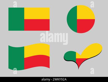 Drapeau Bénin. Drapeau du Bénin en forme de coeur. Drapeau Bénin en forme de cercle. Variations de drapeau de pays. Illustration de Vecteur