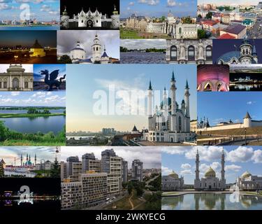 Collage de photos du Kazan au Tatarstan, Russie. Vue sur le Kremlin de Kazan avec le palais présidentiel, la cathédrale de l'Annonciation, la tour Soyembika Banque D'Images