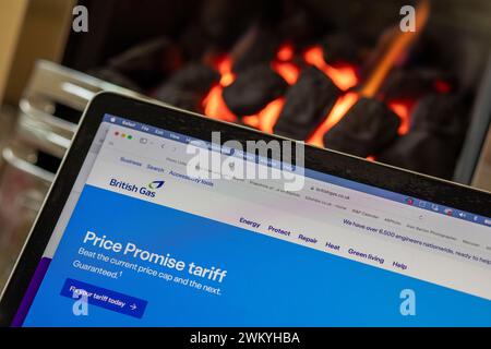 West Yorkshire, Royaume-Uni. 23 février 2024. Feu de gaz et téléphone domestique dans une maison du West Yorkshire. Le plafond des prix de l'énergie en Grande-Bretagne chutera de 238 £ à 1690 £ ce printemps, alors que l'hiver sera doux et que les prix de l'essence plus bas soulageront la pression sur les finances des ménages. Les 29 millions de ménages en Angleterre, au pays de Galles et en Écosse peuvent s’attendre à payer la facture annuelle moyenne à partir d’avril après que le régulateur de l’énergie Ofgem a baissé le plafond des prix de 12,3 %, contre 1 928 £ au trimestre en cours. Crédit : Windmill images/Alamy Live News Banque D'Images