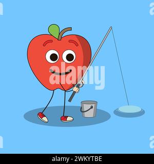 Illustration d'art Doodle Kawaii fruits symbole personnage Apple Mascot activité de pêche Illustration de Vecteur