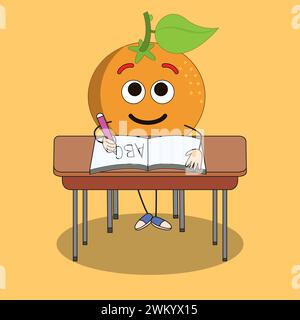 Illustration d'art Doodle Kawaii fruits symbole personnage Orange Mascot activité de Lire le livre Illustration de Vecteur