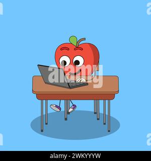 Illustration d'art Doodle Kawaii fruits symbole personnage Apple Mascot activité de travail utiliser ordinateur portable Illustration de Vecteur