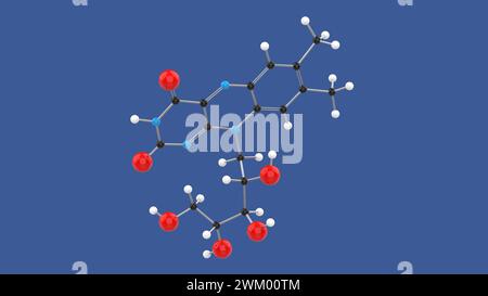 Vitamine B2 Riboflavine structure moléculaire 3D, sur fond bleu, illustration de rendu 3D. Banque D'Images