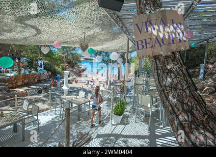Bar de plage, Cala Gracioneta, Ibiza, Baléares, Espagne Banque D'Images