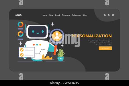 Personnalisation mode sombre ou nuit web, atterrissage. Chatbot utilise l’analytique et la loupe pour personnaliser les expériences utilisateur, les interactions ciblées. Profils et préférences des clients. Illustration vectorielle plate. Illustration de Vecteur