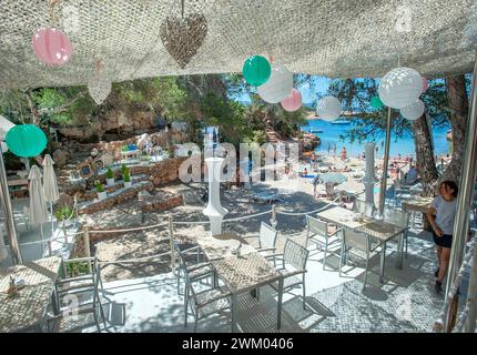 Bar de plage, Cala Gracioneta, Ibiza, Baléares, Espagne Banque D'Images