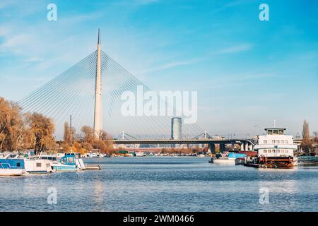 Le pont métallique de Belgrade, en Serbie, offre aux voyageurs une vue panoramique sur le paysage de la ville, servant à la fois de plaque tournante des transports et de visites touristiques Banque D'Images