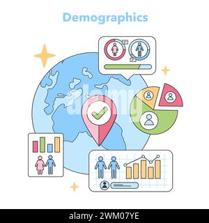 Concept d'analyse démographique. Carte globale mettant en évidence des régions spécifiques, écran d'ordinateur présentant des statistiques par sexe, graphiques circulaires détaillant les segments de population et graphique à barres pour la visualisation des tendances Illustration de Vecteur