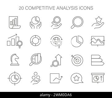 Jeu d'icônes pour l'analyse concurrentielle. Outils visuels essentiels pour les études de marché, l'interprétation des données, la planification stratégique. Illustration vectorielle plate. Illustration de Vecteur