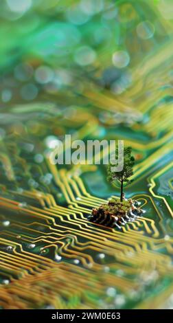 Arbres qui ont éclaté de l'ordinateur, carte de circuit imprimé, germe d'arbre vert sur puce d'ordinateur. Concept de science, technologies futures, int artificiel Banque D'Images