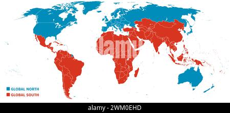 Global North et Global South, carte du monde montrant les pays classés selon leur économie. Pays développés en bleu, développement en rouge. Banque D'Images
