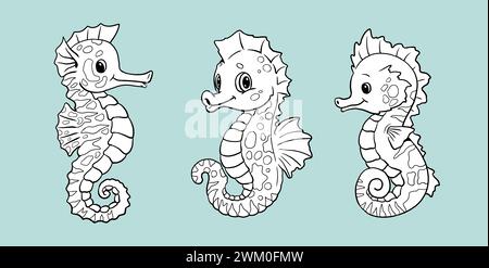 Set avec hippocampes drôles à colorer. Modèle pour un livre de coloriage avec mer ​​animals. Modèle de coloriage pour les enfants. Banque D'Images