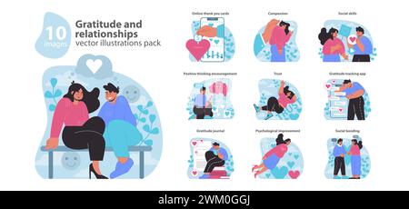 Gratitude et relations établies. Célébrer les liens émotionnels et l'appréciation. Expressions de remerciement, de confiance et de compagnie. Illustration vectorielle plate. Illustration de Vecteur
