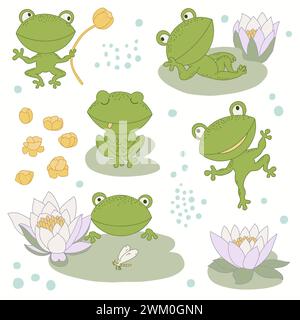 Ensemble de petites grenouilles drôles, lys blancs, bulles Illustration de Vecteur