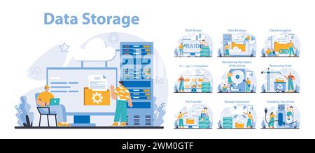 Ensemble de stockage de données. Multiples aspects de la gestion et de la protection des données. Maintenance de l'infrastructure réseau avec les services cloud. Récupération efficace du système et mesures de sécurité. Illustration vectorielle. Illustration de Vecteur