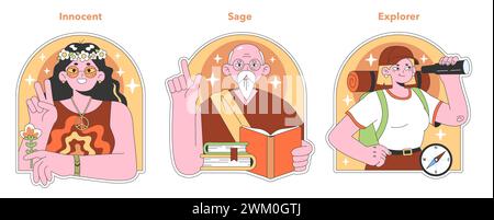 Ensemble des archétypes psychologiques de la personnalité. Douze caractères caractéristiques. Soignant, créateur, tout le monde, explorateur, héros, innocent, bouffon, amant. Inconscient collectif. Illustration vectorielle plate Illustration de Vecteur