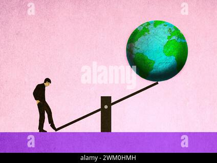 Homme équilibrant la planète terre sur la bascule sur fond rose Banque D'Images