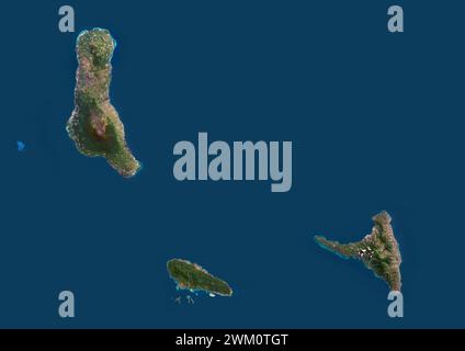 Image satellite couleur des Comores, archipel d'îles volcaniques situé au large de la côte sud-est de l'Afrique. Les Comores sont formées de trois îles principales, Ngazidja (Grande Comore), Mwali (Mohéli) et Ndzwani (Anjouan). Banque D'Images