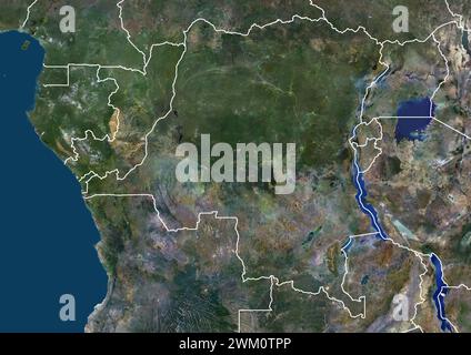 Image satellite couleur de la République démocratique du Congo et des pays voisins, dont le Gabon et la République du Congo. Banque D'Images